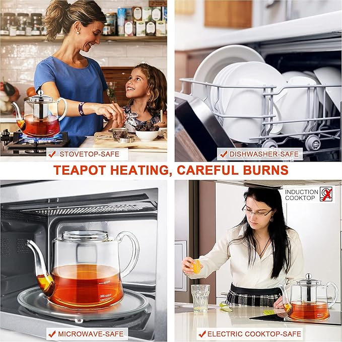 Glass Tea kettle Stovetop Safe, 40oz/1200ml Glass Teapot Gift Set with 4 Teacups, Tea Pot with Removable Infuser for Loose Leaf and Blooming Tea
