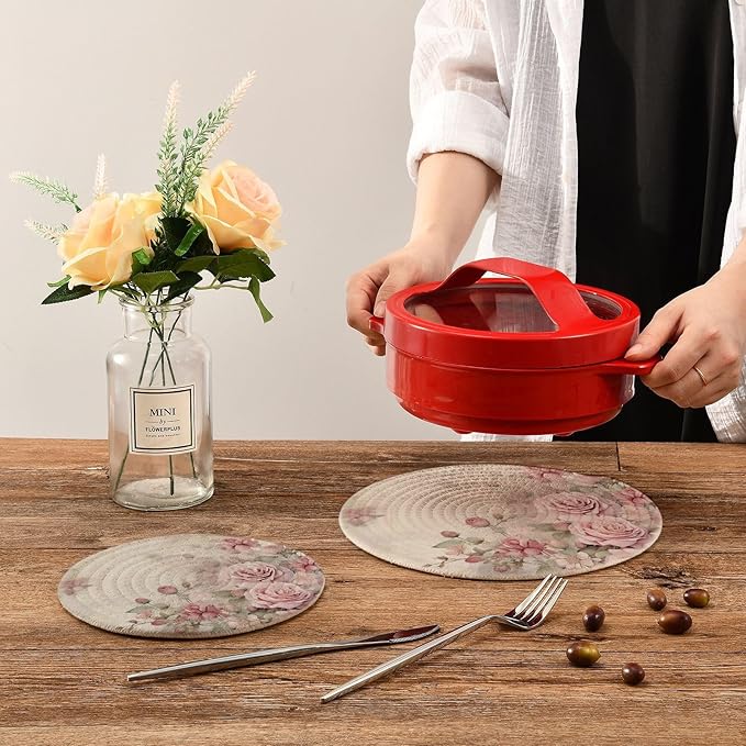 Vintage Pink Roses Kitchen Trivets Pot Holders Set of 2, Trivets for Hot Pots Dishes Woven Trivet Coaster Pad Mat for Counter