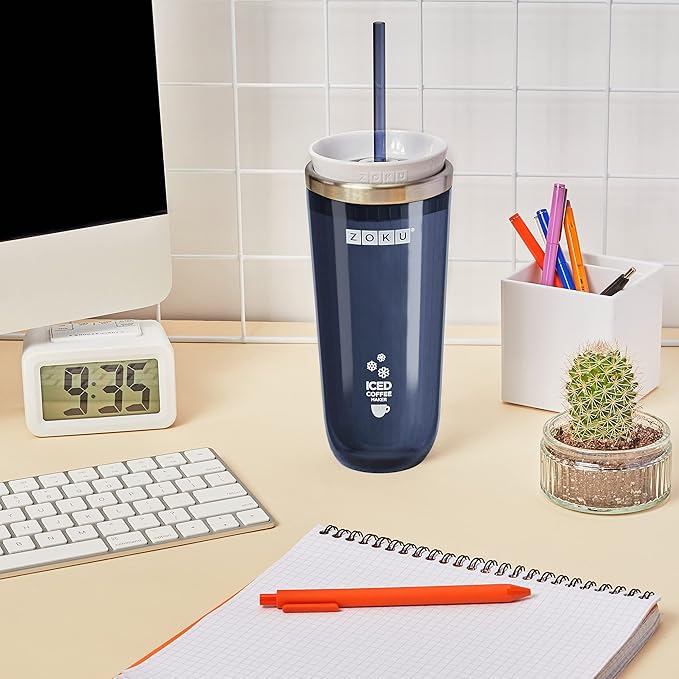 Zoku Instant Iced Coffee Maker, Reusable Beverage Chiller Cools Hot Beverages in Minutes Without Dilution, Portable 11-ounce Tumbler With Spill-resistant Lid and Straw, Grey