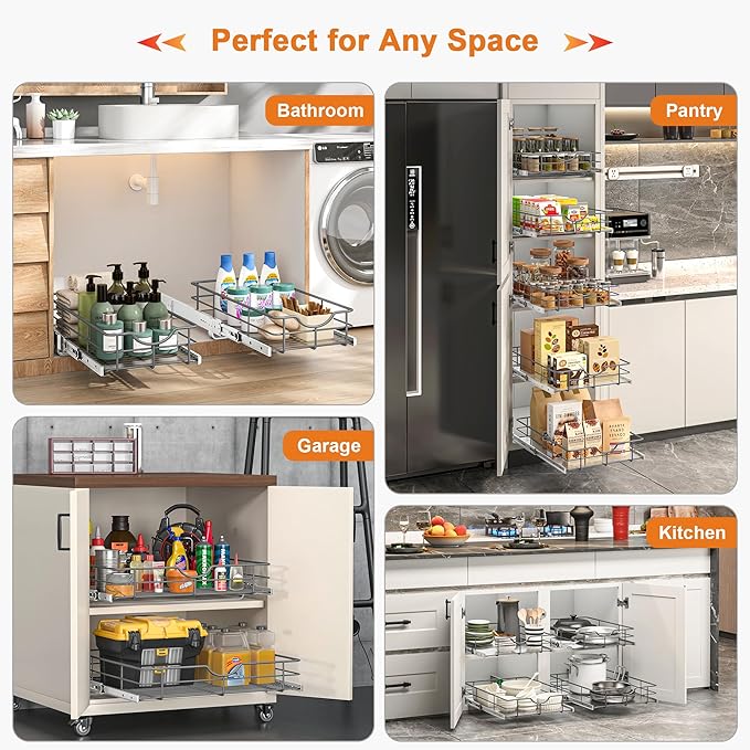 ALINE FURNITURE 2-Tier Pull Out Cabinet Organizer - 23" W x 22" D Soft Close Pullout Shelves with Shelf Liners - Slide Out Drawers for Kitchen Cabinets, Pantry, Bathroom, Heavy Duty Steel Wire Baskets
