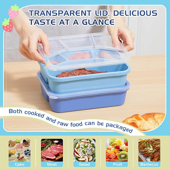 Honeydak 5 Pack Snack Containers 4 Compartment Bento Snack Boxes Reusable Lunchable Containers with Lids Divided Meal Prep Lunch Food Storage Box for School Work Travel(Blue Ombre,Mixed)