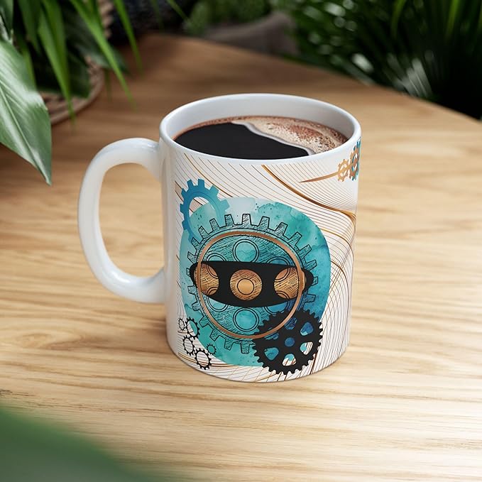 Turquoise, Black, and Copper Gears Coffee Mug for Men, Blue Coffee Mugs for Engineers, Mechanics, or Gear Head gifts,