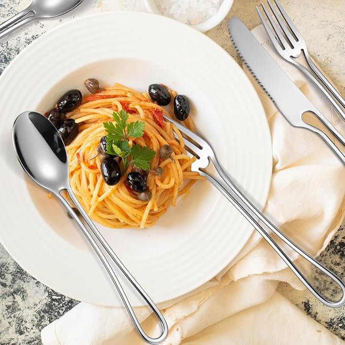 Silvery Flatware Set 4 Hollow Out Cutlery Stainless Steel Silverware 20 Pieces Forks Spoons and Knives Kitchen Utensils Hanging Handle Durable