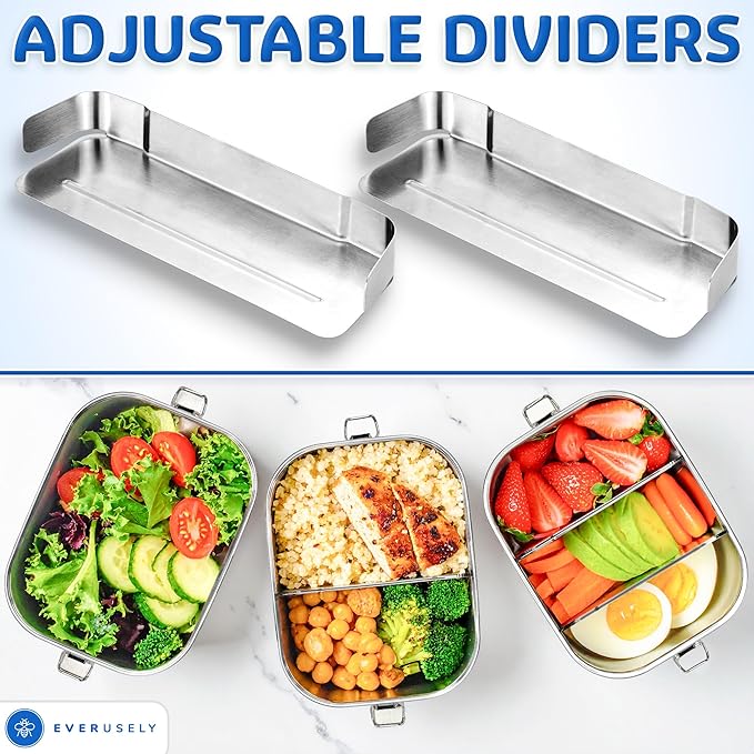 Everusely - Stainless Steel Lunch Box - 47 oz / 1.4 L, 2 Adjustable Dividers - Leakproof Snack and Salad Bento Containers for Adults - Food Storage Boxes with Lids for Work, Picnics, Travel