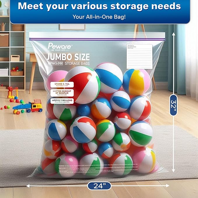 Jumbo 20 Gallon Size Zip Bags with Double Zippers, Clear Plastic Storage Bags for Household and Travel Use, Clothes and Toys, Large Assorted Sizes for Moving and Organization 24"x32" [30 COUNT]