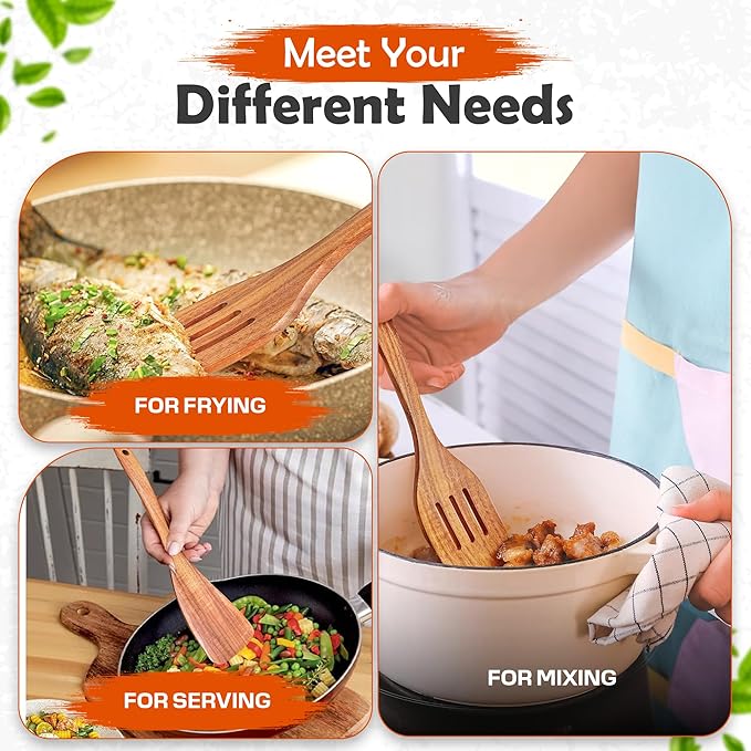2 Pcs Wooden spoons for cooking,(Fried Spatula&Slotted Spatula). Teak wood kitchen utensils set, Long handle frying turner, Non-stick and non scratch spurtle for backing, frying and cooking.