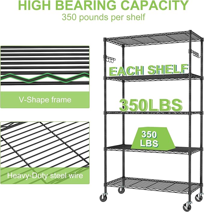 5 Tier Storage Shelves with Wheels Wire Rolling Garage Shelving Rack Organizer Heavy Duty Metal Unit Adjustable Utility Commercial Sturdy Shelves for Kitchen Garage Pantry Bathroom Closet Laundry