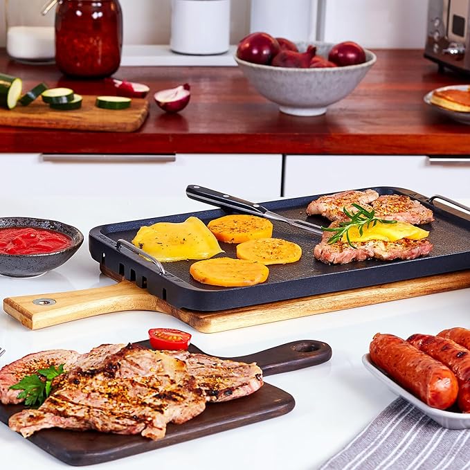 CUSIMAX Stove Top Griddle Pan, 14.96" x 8.66" Aluminum Non-stick Grill & Griddle Pan with Stainless Steel Handles, Flat Top Grill for Gas Stove/Charcoal Grills/Indoor&Outdoor Grill or Campfire