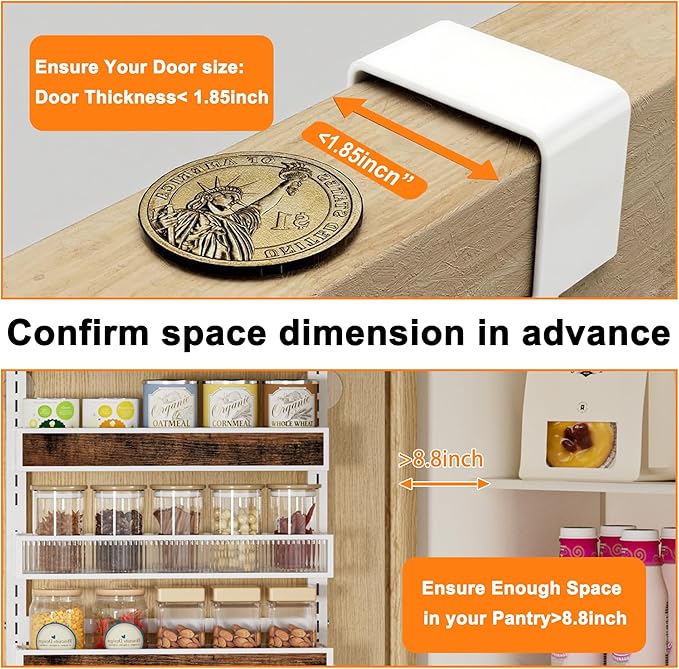 Over The Door Pantry Organizer,8 Tier Hanging Door Spice Rack with Adjustable Wood Basket and Acylic Basket,Metal Heavy Duty Wall Mounted Door Storage Shelf for Kitchen Pantry and Bathroom