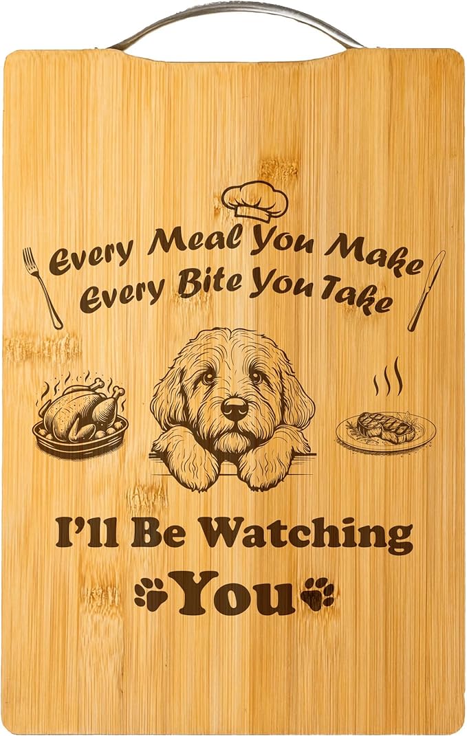 Custom Engraved Bamboo Cutting Board, Funny Dog Gift for Pet Lovers, Holiday Gift, Handmade Home Decor – I’ll Be Watching You (Golden Doodle)