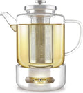 Teabloom Joyful Warmth Teapot with Tea Warmer – 50 oz (6+ Cups) Hand-Blown Borosilicate Glass, Stainless Steel Loose-Leaf Infuser, Heat-Resistant Kettle, Elegant Gift Set for Tea Lovers