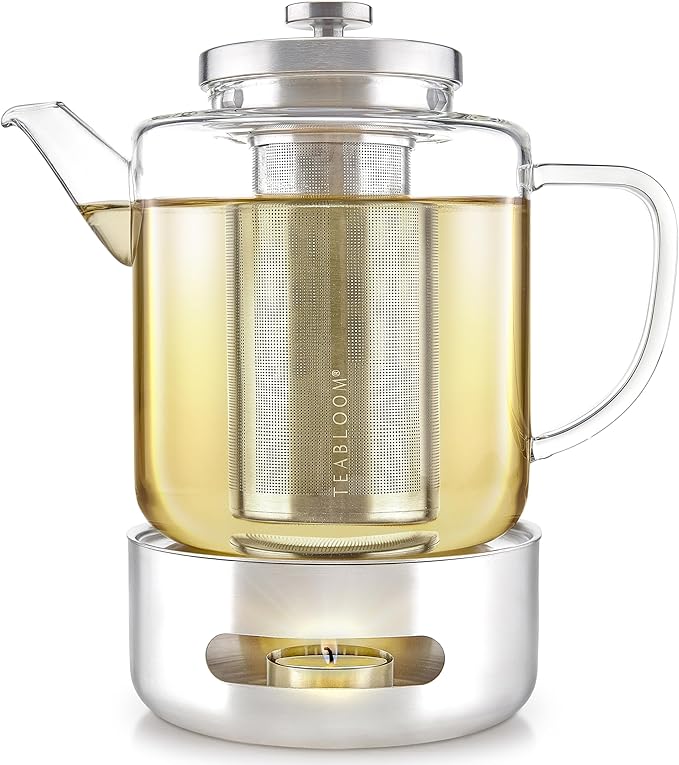 Teabloom Joyful Warmth Teapot with Tea Warmer – 50 oz (6+ Cups) Hand-Blown Borosilicate Glass, Stainless Steel Loose-Leaf Infuser, Heat-Resistant Kettle, Elegant Gift Set for Tea Lovers