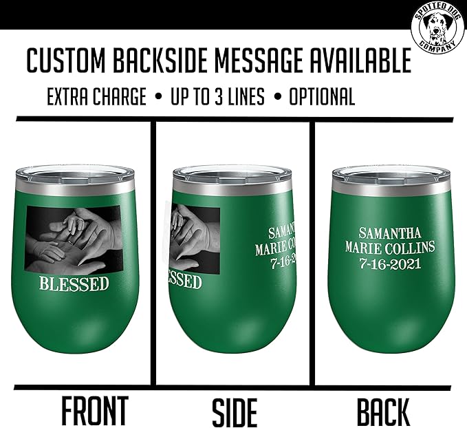 Personalized 12oz (17 Colors) Photo Printed Insulated Stainless Steel Powder Coated Stemless Wine Tumbler with Lid, Customized Gift Idea for Her, Custom Coach Gifts Team Mom Dad Mother's Day (Green)