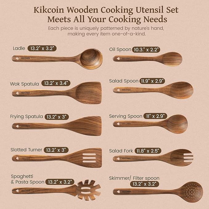 Kikcoin Wood Kitchen Utensils Set, 10 PCS Solid Teak Wooden Spoons for Cooking with Long Handle Heat-Resistant Wooden Cooking Utensils Set for Non-stick Cookware Including Hanging Hole