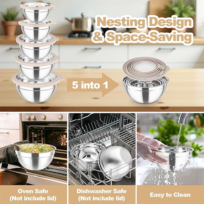 TeamFar Mixing Bowls, 4.5/3/1.5/1/0.7 QT Stainless Steel Nesting Salad Bowls with Visible Lids, For Serving/Mixing/Storing, Non-Toxic & Heavy Duty, Airtight & Easy Clean, Khaki, Set of 5