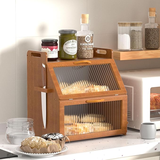 Bread Box for Kitchen Countertop, Large Bread Storage Container for Homemade Bread, Vintage Wooden Farmhouse Breadbox Organizers, Double Layer Bread Bin with Acrylic Window Bread Holder