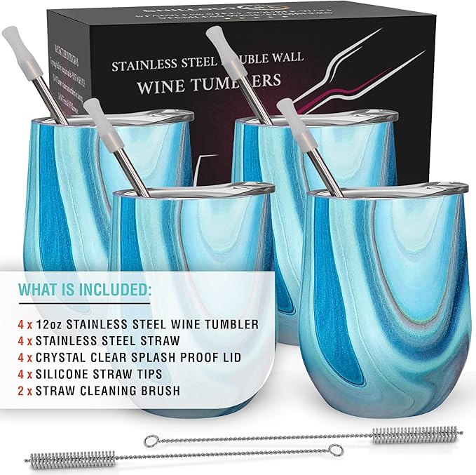 CHILLOUT LIFE 12 oz Stainless Steel Wine Tumblers 4 Pack - Double Wall Vacuum Insulated Wine Glasses Cups with Lids and Straws Set Keeping Cold & Hot for Coffee, Beer, Ice Cream - Ocean Marble Pattern