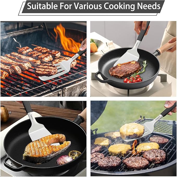 Stainless Steel Wide Spatula Set, Heavy Duty Large Metal Spatulas for Cast Iron Skillets Griddle and BBQ Grill, Solid and Slotted Turner with Silicone Handle for Smash Burgers and Pancake