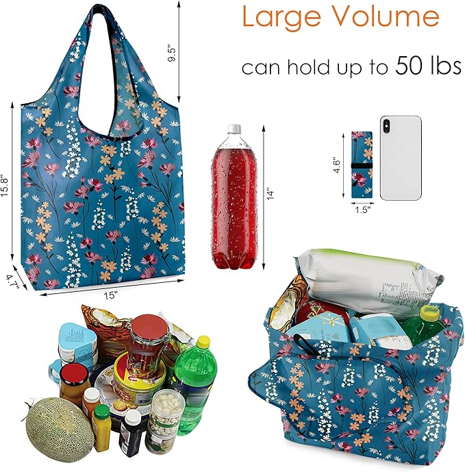 BeeGreen Aesthetic Tote Bags Flowering Shrub Gifts for Women Travel Floral Reusable Grocery Bags Shopping Bags Bulk 6 Pack 50LBS X-Large Foldable-Machine Washable