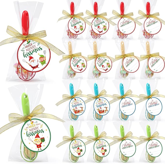 24 Sets 10 Inch Christmas Whisks Gifts Bulk Xmas Colored DIY Fillable Baking Supplies Christmas Tree Ornaments Silicone Whisks with Cards Cooking Egg Beaters Kitchen Favors