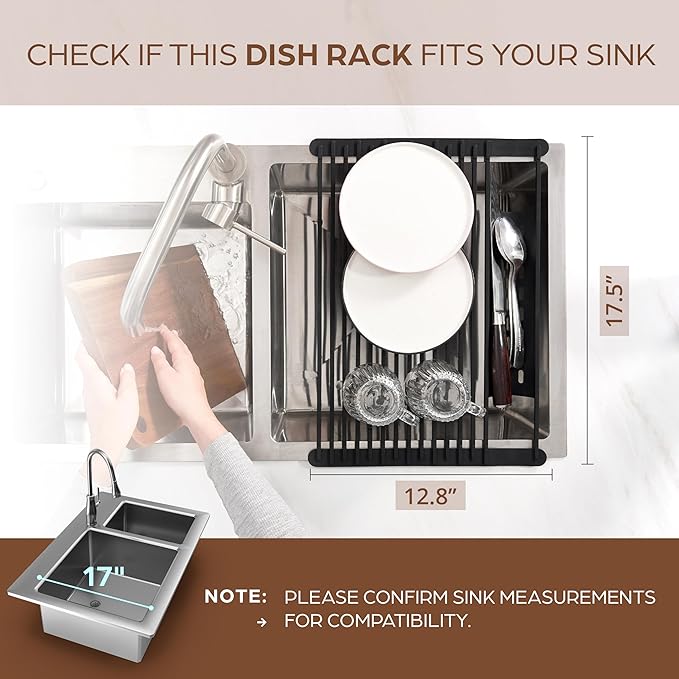 Multipurpose Roll-Up Dish Drying Rack - Silicone Wrapped, Heat-Resistant, Anti-Slip - Perfect for Small Kitchen Sink, 17" x 13"