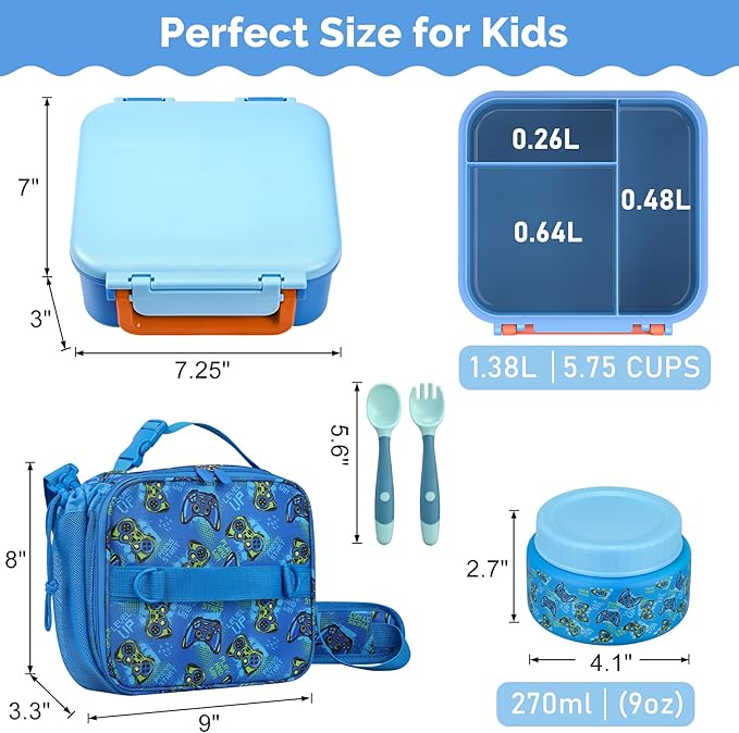 Kids Lunch Box Set with Bento Box, 9oz Stainless Steel Thermos & Insulated Lunch Bag – Hot & Cold Leakproof Lunch Container with Utensils for School & Travel