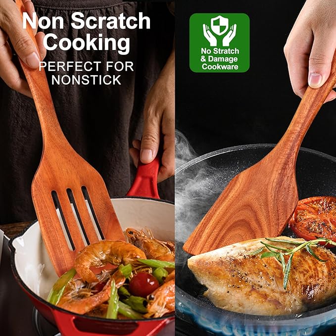7 Pcs Teak Wood Kitchen Utensils Set Non Toxic BPA Free Cooking Tools with Spatula, Slotted Spatulas, Wooden Skimmer Spoons, Pasta Spoon, Mixing, Salad Fork & Spoons for Nonstick Cookware