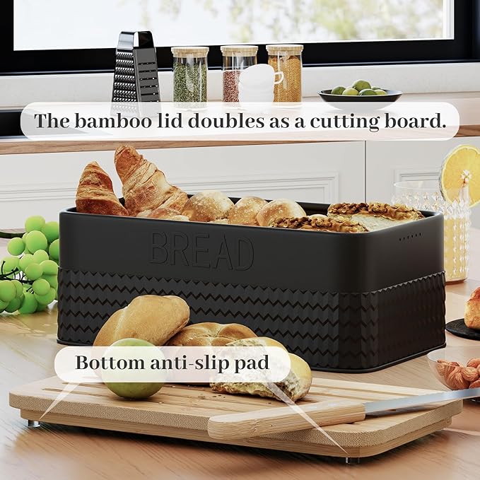 Bread Box for Kitchen Countertop - Metal Bread Storage with Bamboo Cutting Board Lid & Bread Knife, Corner Bread Container for Homemade Bread and Toast, Black