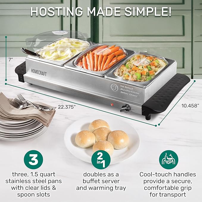 HomeCraft HCBS15SS 3-Station 1.5-Quart Stainless Steel Buffet Server Slow Cooker & Warming Tray, Adjustable Temperature, Perfect for Dinner, Appetizers