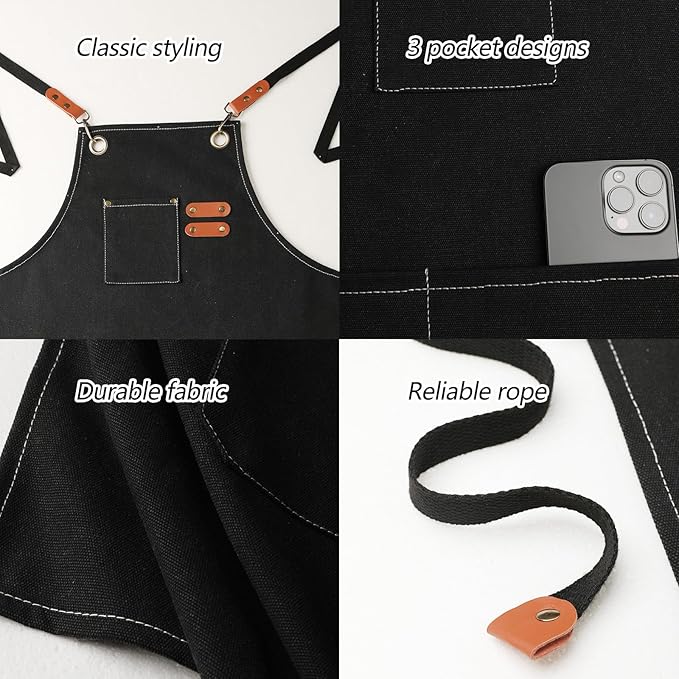 Chef Apron with Cross Back Straps for Men & Women, Cotton Canvas Adjustable Apron with Pockets for Cooking,Baking,BBQ,Painting,Gardening,Workshop(Black)