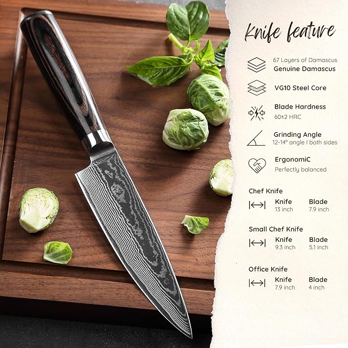 Wakoli EDIB Essentials 3-Piece Damascus Knife Set – Professional Chef's Knives with VG10 Core & 67-Layer Damascus Steel Blades, Ergonomic Pakkawood Handles – Premium Kitchen Knives in Elegant Gift Box