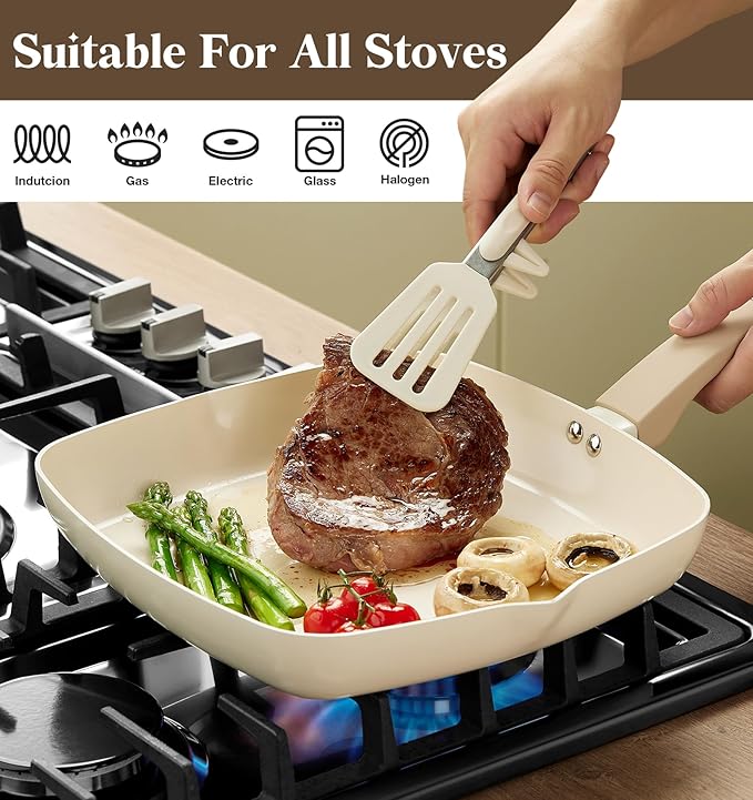 KOCH SYSTEME CS Nonstick Grill Pan for Stove Tops, 11 Inch Square Frying Pan with Lid, Ultimate Ceramic Coating Grill Skillet with Bakelite Handle, Induction Griddle Pan, PFOA Free, Cream White