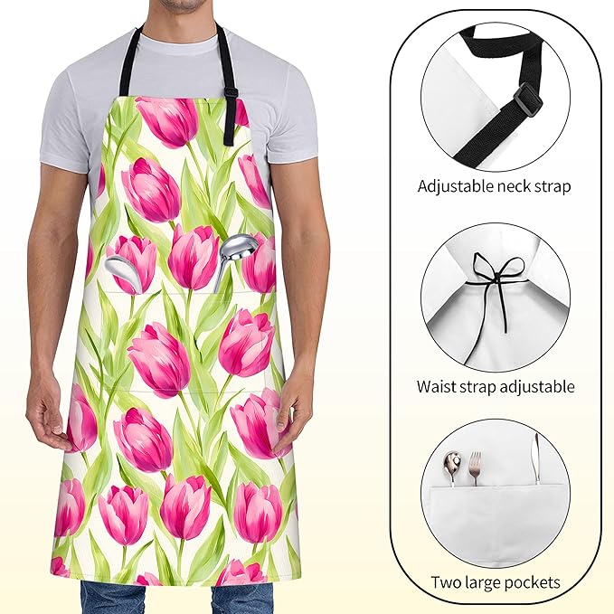 Floral Apron for Women with Pink Tulip,28x33in,Spring Garden Kitchen Aprons with 2 Pockets, Oxford Fabric,Flower Adjustable Apron for Cooking Baking Gardening Chef,Gifts for Mom Wife