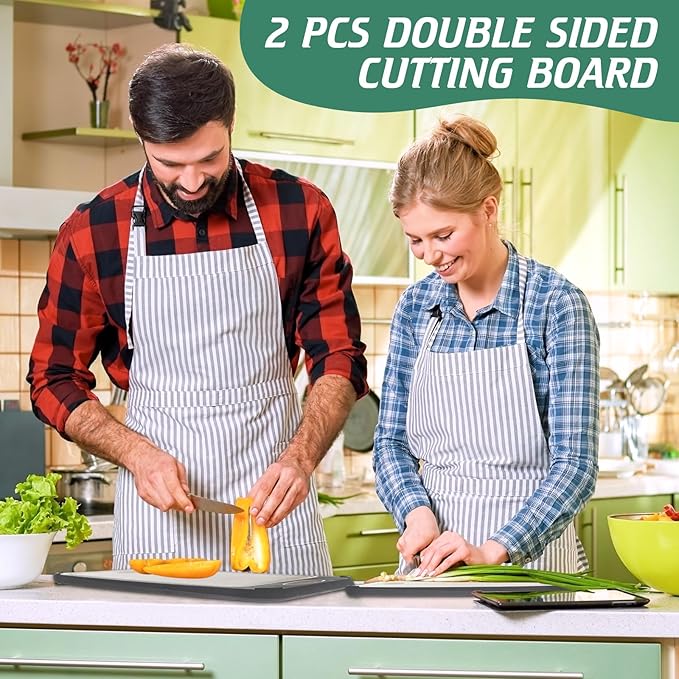 Patelai 2 Pack Stainless Steel Cutting Board Double Sided Cutting Board Large 304 Stainless Steel Wheat Straw PP for Kitchen Chopping, Easy to Clean (14 x 9.6 Inch,15.7 x 10.6 Inch)