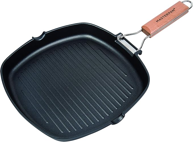MasterPan Non-Stick Grill Pan Wooden, 11", Folding Handles