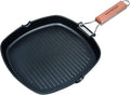 MasterPan Non-Stick Grill Pan with Folding Wooden Handle, 8", Black and Brown
