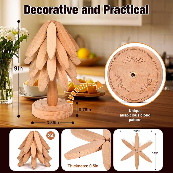 Trivets for Hot Dishes，Tree Shape Trivet Set,5 Wooden Trivets + 1 Stand， Heat-Resistant Foldable Wooden Tree Trivet Set for Pot、Bowl、Teapot、Hot Pot Holder