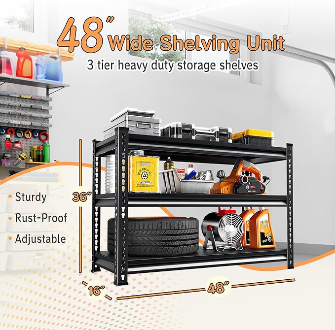 48''W Utility Garage Shelves: 1,500Lbs Heavy Duty Steel Metal Adjustable Shelving Storage Industrial Rack Units 3 Tier Black 48" W x 16" D x 36" H