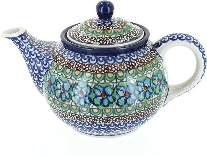 Blue Rose Polish Pottery - Green Mardi Gras Small Teapot - 3.5 Cup Capacity - Hand-Painted Polish Pottery Ceramic Coffee & Tea Server