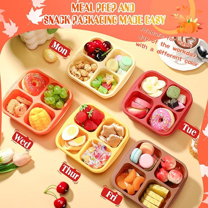 Honeydak 5 Pack Snack Containers 4 Compartment Bento Snack Boxes Reusable Lunchable Containers with Lids Divided Meal Prep Lunch Food Storage Box for School Work Travel(Thanksgiving,Equal)