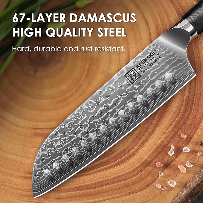 KEEMAKE Santoku Knife 7 inch, Ultra Sharp Damascus Kitchen Knife with Ergonomic Handle, 67-Layer Damascus Steel Knife, Japanese Chef Knife for Sushi Sashimi, Chopping Knife for Fruit Vegetable Meat