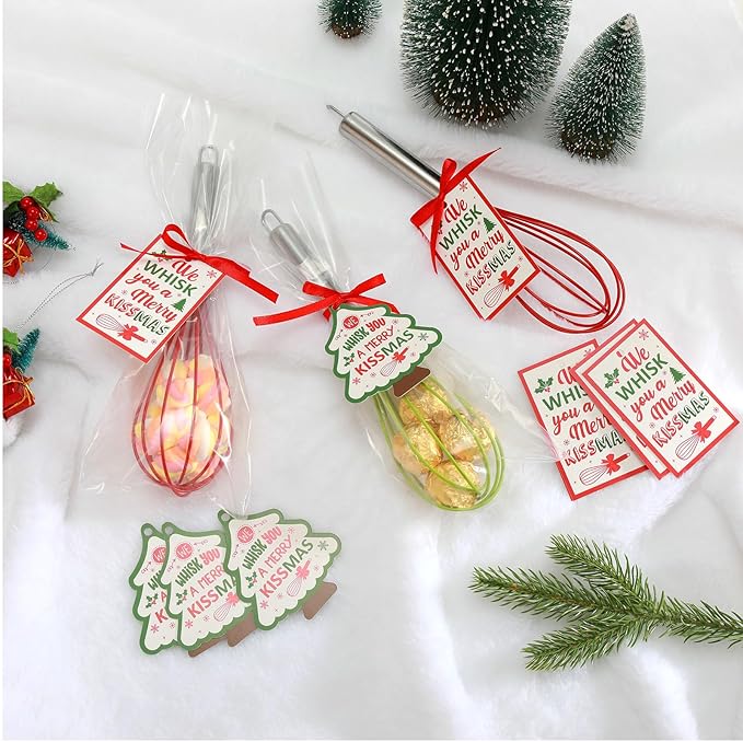 16 Sets 10 Inch Christmas Whisks Gifts with Ribbons Greeting Cards Bags,Christmas Red Green Silicone Whisks For Cooking,Egg Beaters Cooking Supplies For Xmas Candy Holder Neighbor Employee Gifts