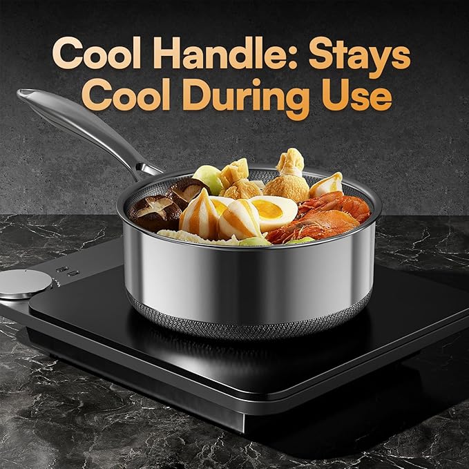 Sauce pan with Lid, KURRUNGIE 1.5 & 2.8 QT Hybrid Stainless Steel Cookware Set, PFOA Free 5-Ply Cooking Pots with Lids, Stainless Steel Pans for Cooking, Induction Cookware Oven and Dishwasher Safe