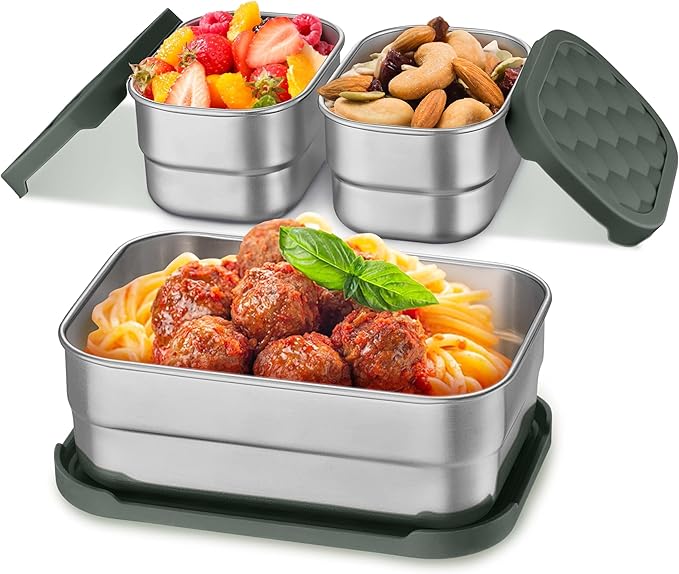 Homikit 3 Pack Kids Lunch Box Set, 18/10 Stainless Steel Bento Boxes with Silicone Lids Leak Proof, 5 Cups Reusable Metal Food Snack Containers for School Daycare, Nontoxic & Dishwasher Safe, Gray