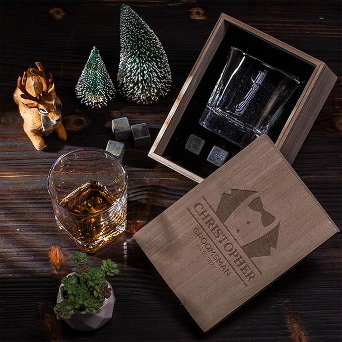 Personalized Groomsmen Whiskey Glass Gift Set - 4 Designs Custom Groomsman Gift - Personalized Wedding Bourbon Cup - 11 oz Engraved Groomsmen Scotch Glass in Wooden Box - Whiskey Gifts For Men