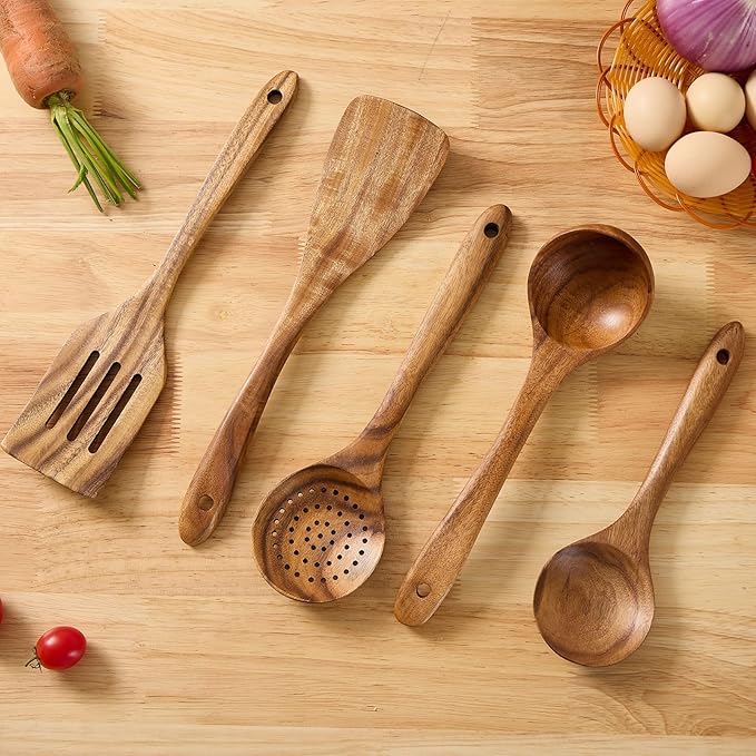 Wooden Kitchen Utensils Set, Teak Wood Cooking Spoons for Non-Stick Pans, 6 Pieces