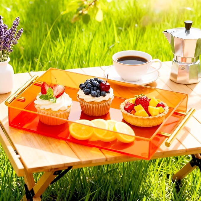 Acrylic Serving Tray with Handles Large Ottoman Food Decorative Tray for Coffee Table Tea Fruit Snack Kitchen Bar Platter, 17x13’’, Neon Orange