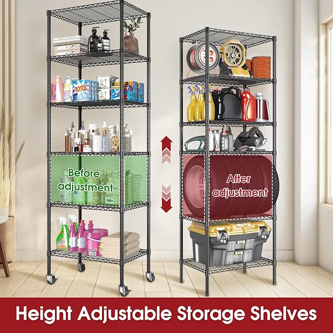 3 Pack Rolling 6-Tier Space-Saving Garage Wire Rack Shelving, 14"D x 24"W x 71"H Adjustable Metal Shelving with Wheels, 750 lbs Capacity Heavy Duty Storage Shelves for Garage, Closet & Kitchen, Black