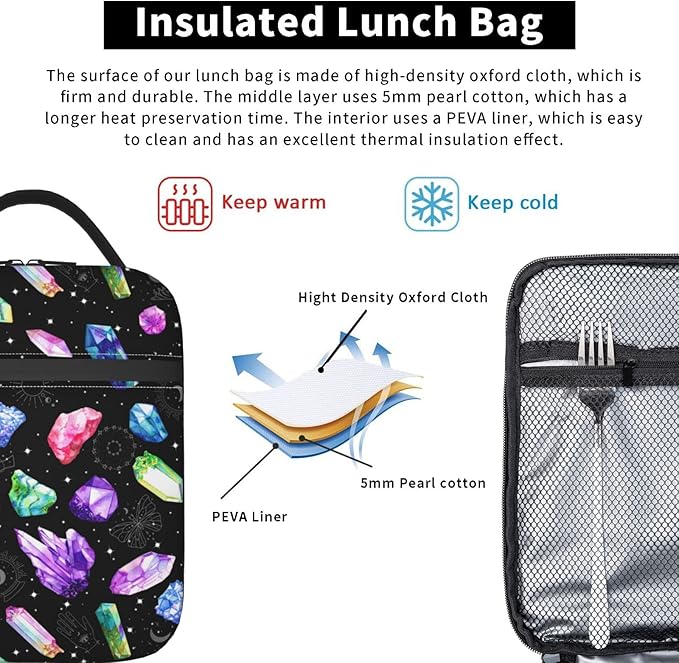 FREEHOTU Colorful Crystals Lunch Bag Double Insulated Leakproof Lunch Box Tote Bag Cooler Lunch Organizer for Work Picnic Travel Camping