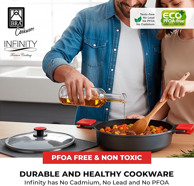 BRA COOKWARE Infinity Dual-Handled Sauté Pan w/Glass Lid | 11-Inch 2.95-Quart Shallow Stock Pot | Nonstick Cast Aluminum Everyday Chef Pan | PFAS Free Rondeau Pot | All Cooktops incl. Induction